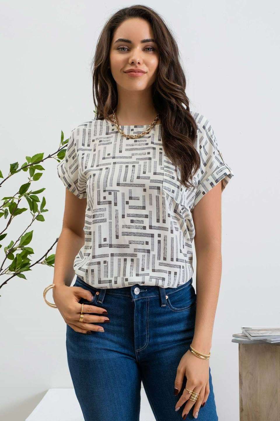 Linear Print Top ivory peach spring summer versatile