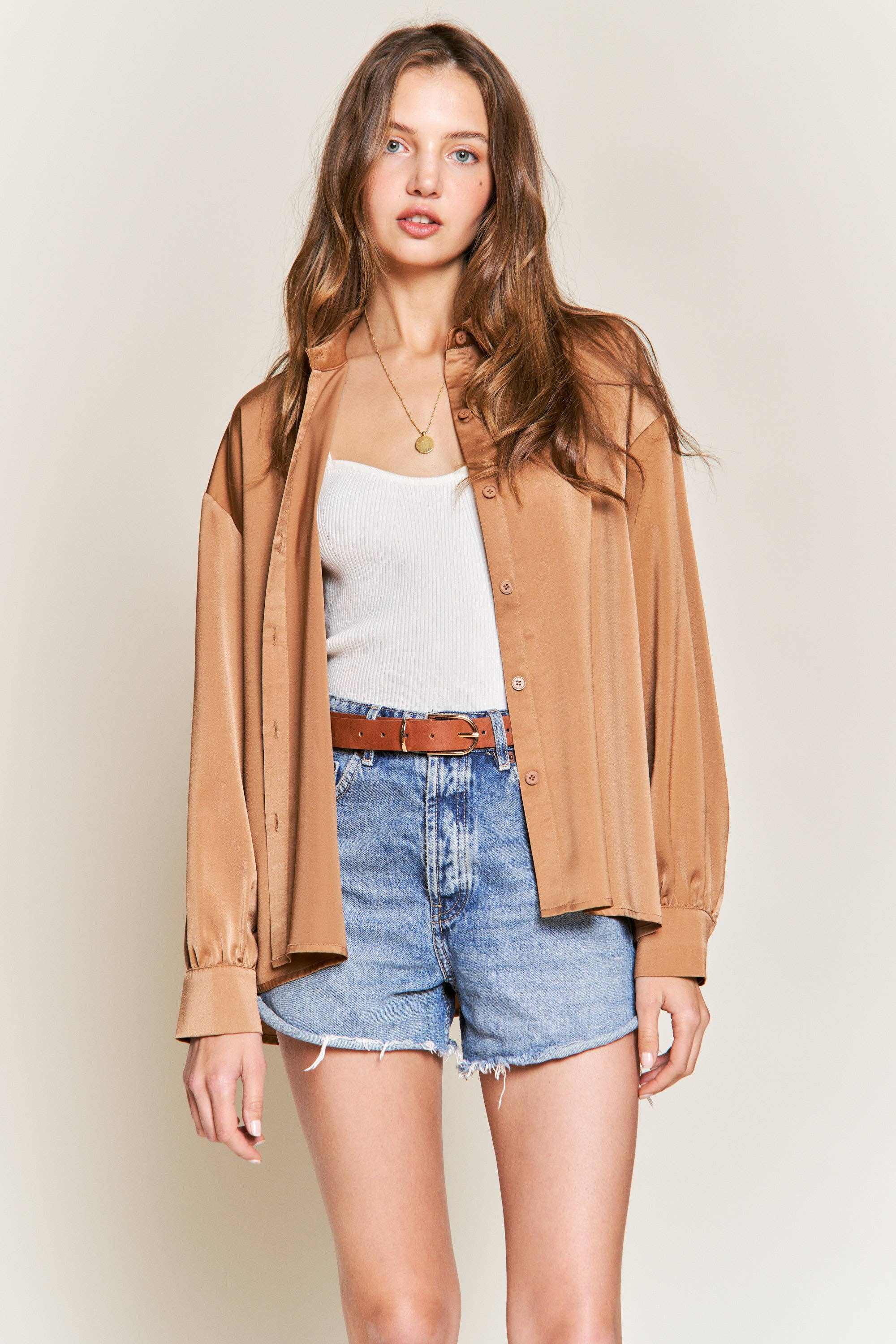 Champagne Satin Blouse Drop Shoulder Relax Fit Timeless Luxury Comfort 