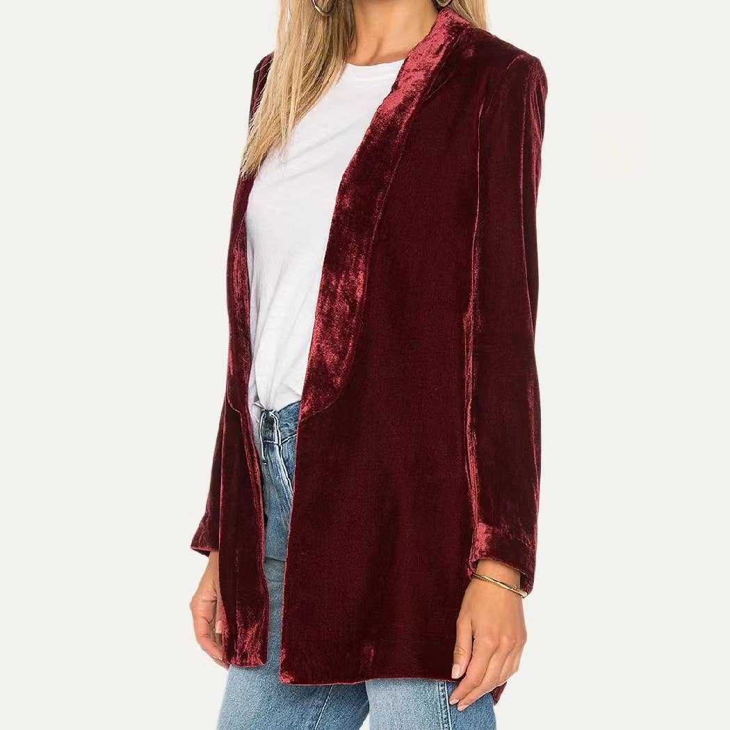 Velvet Blazer in Dark Red Effortlessly blends luxury Trendy Velvet Solid Open Front Lightweight Blazer: Dark Red / 2XL - Jennifer Kay Design