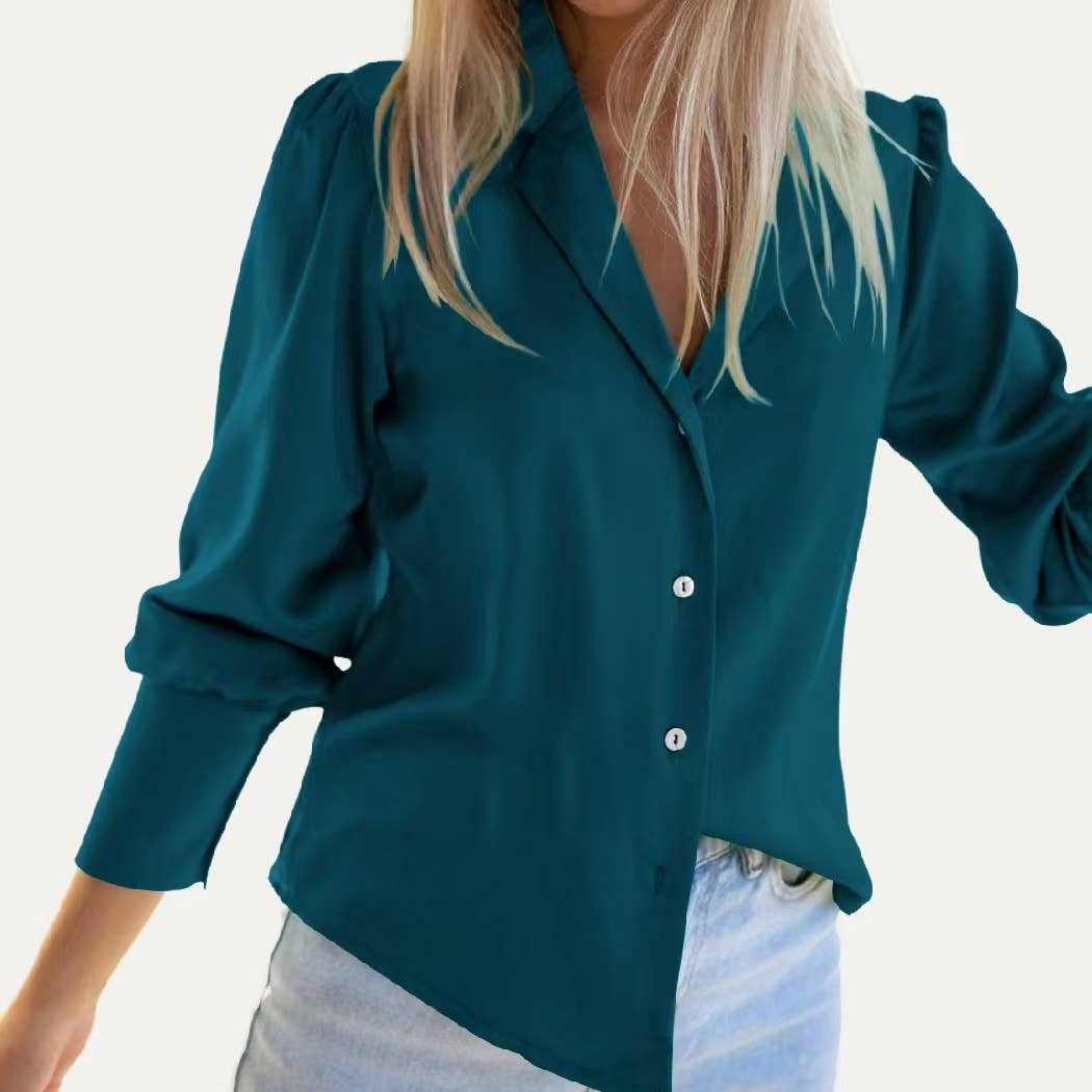 Grace Button Up blouse satin fabric button down fall winter Lady Grace Solid Pre-Fall Collared Button Up Long Sleeve Top: HUNTER GREEN / L - Jennifer Kay Design