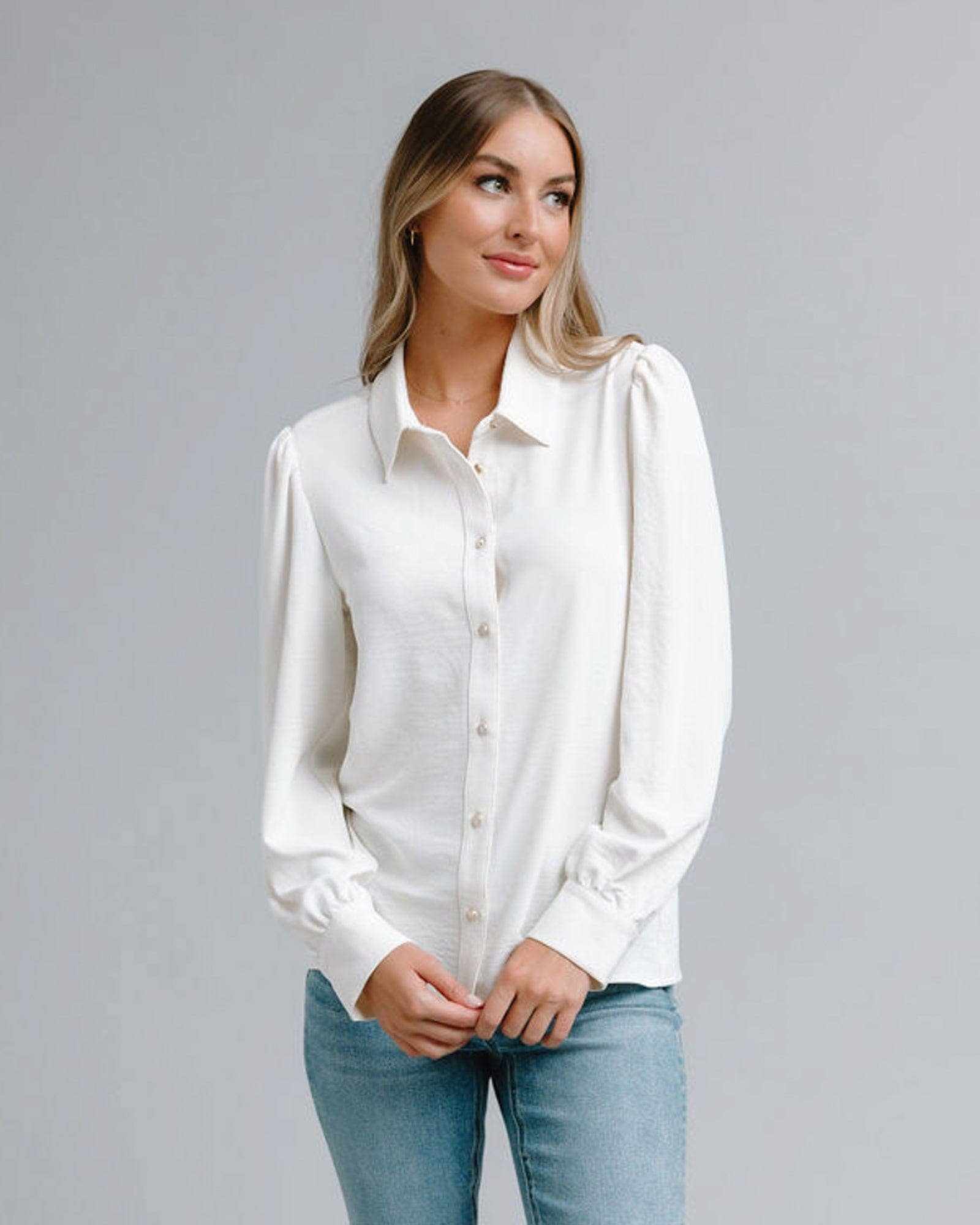 Jovi Blouse White gold buttons long sleeve blouse timeless elegant Jovi Blouse: L / Gardenia - Jennifer Kay Design