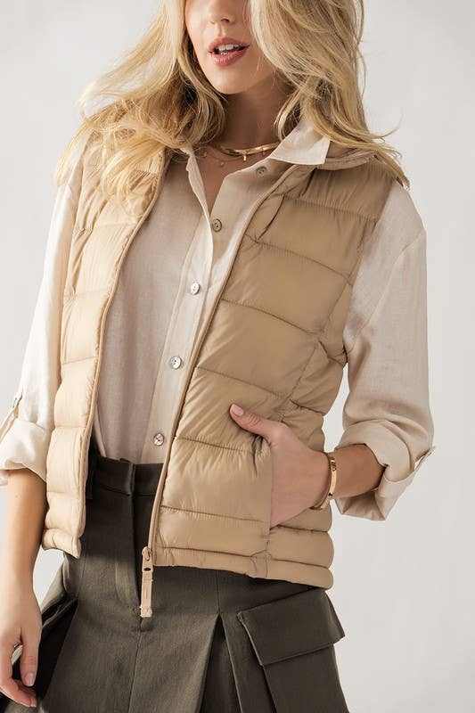 Quilted Puffer Vest combines cozy chic lifestyle fall winter spring QUILTED STAND COLLAR ZIP UP WARM PUFFER VEST: KHAKI / S-2/M-2/L-2 - Jennifer Kay Design