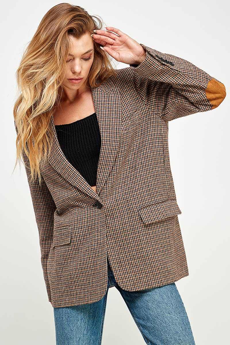 Plaid Patch Blazer timeless versatile classic modern style oversized VIJ2357 - PLAID ELBOW PATCH BLAZER: LARGE / BROWN - Jennifer Kay Design