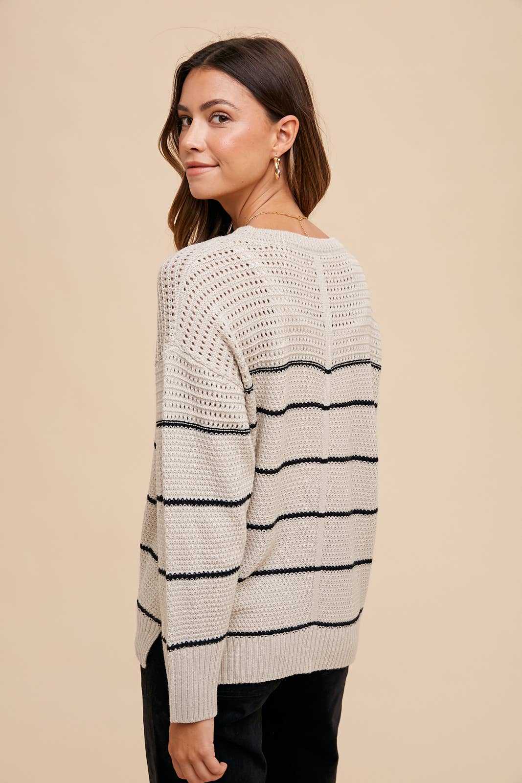 Saturday Sweater Loose Fit Striped Woven Casual Chic Comfort LOOSE FIT OPEN STITCHED STRIPE SWEATER TOP_ ASW1427: OATMEAL / L - Jennifer Kay Design