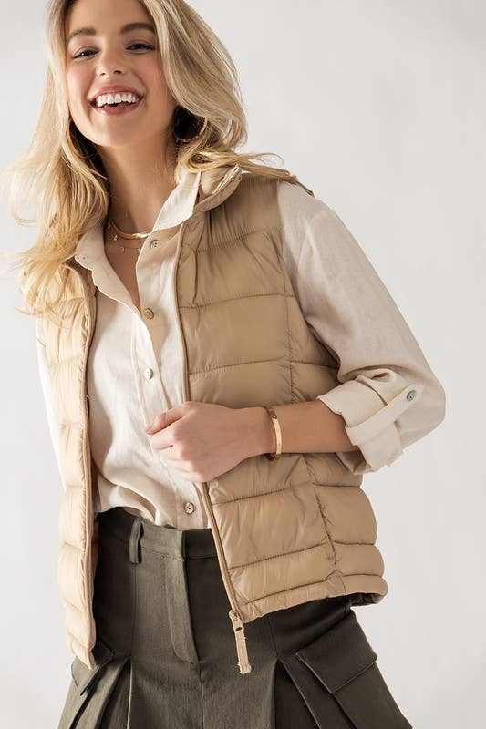 Quilted Puffer Vest combines cozy chic lifestyle fall winter spring QUILTED STAND COLLAR ZIP UP WARM PUFFER VEST: KHAKI / S-2/M-2/L-2 - Jennifer Kay Design