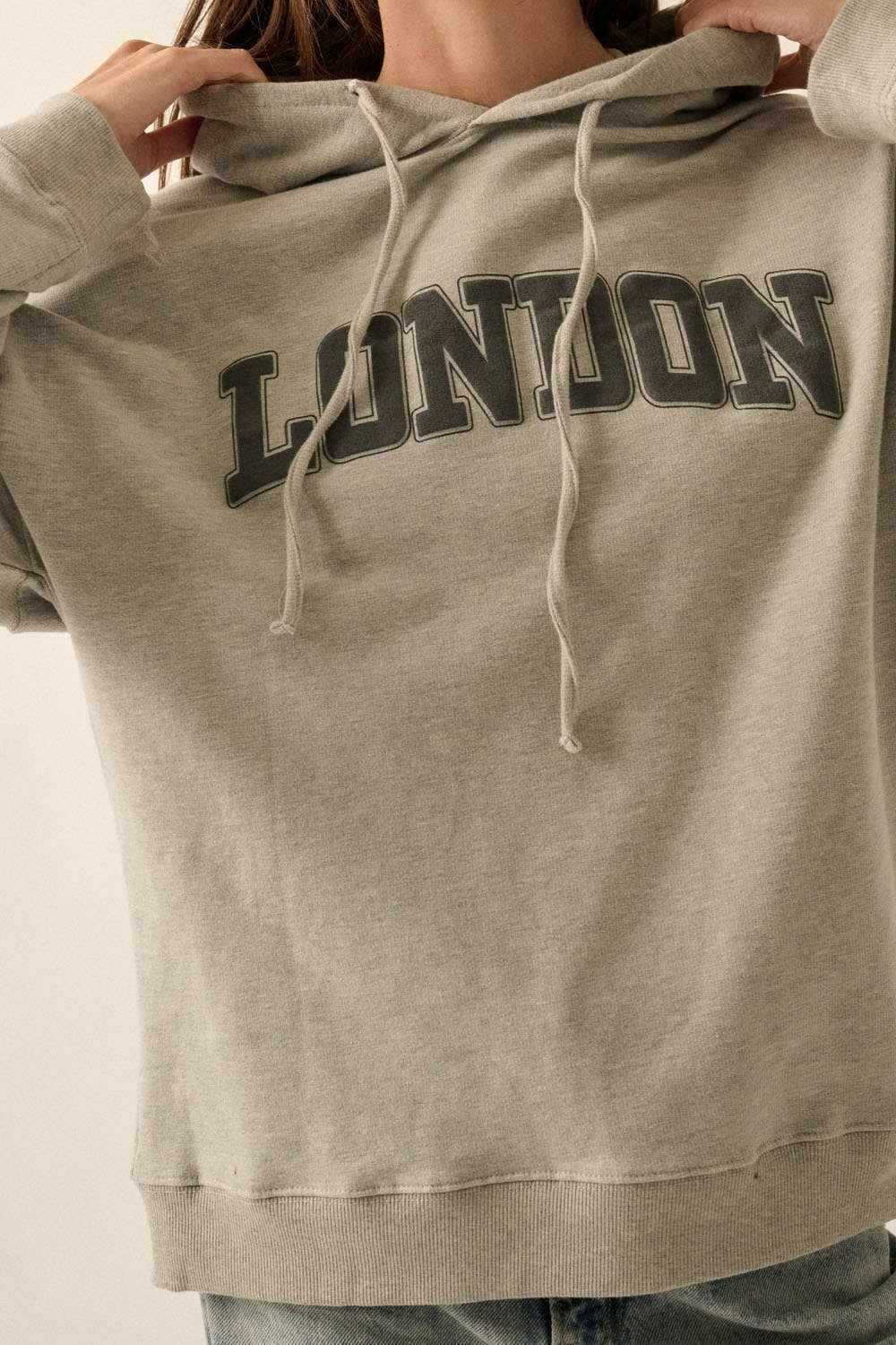 London Hoodie Casual Chic Comfort Effortless Graphic French Terry Fabr London French Terry Graphic Hoodie: HEATHER GREY / L - Jennifer Kay Design