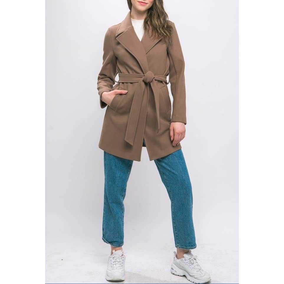 Perfect Trench Coat iconic effortless timeless elegance contemporary Lapel Collared Trench Coat with Waist Tie: L / COCOA - Jennifer Kay Design