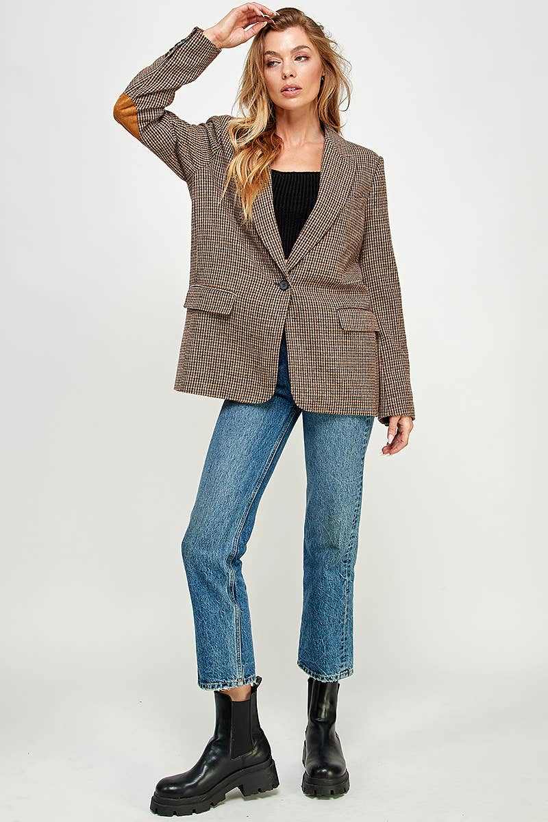 Plaid Patch Blazer timeless versatile classic modern style oversized VIJ2357 - PLAID ELBOW PATCH BLAZER: LARGE / BROWN - Jennifer Kay Design