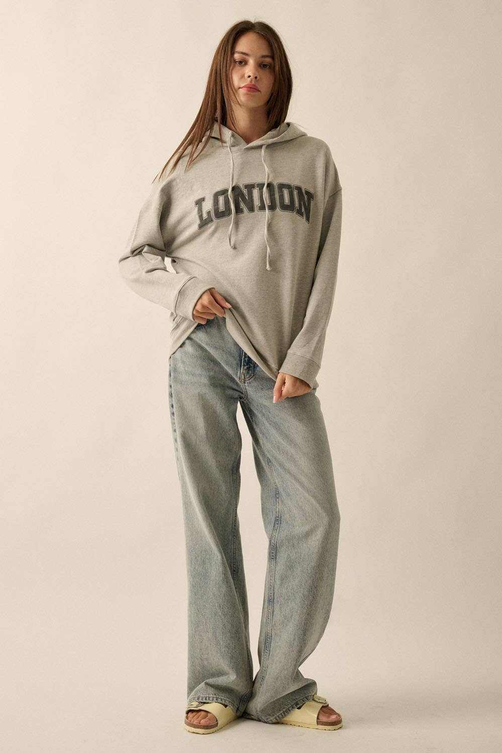 London Hoodie Casual Chic Comfort Effortless Graphic French Terry Fabr London French Terry Graphic Hoodie: HEATHER GREY / L - Jennifer Kay Design