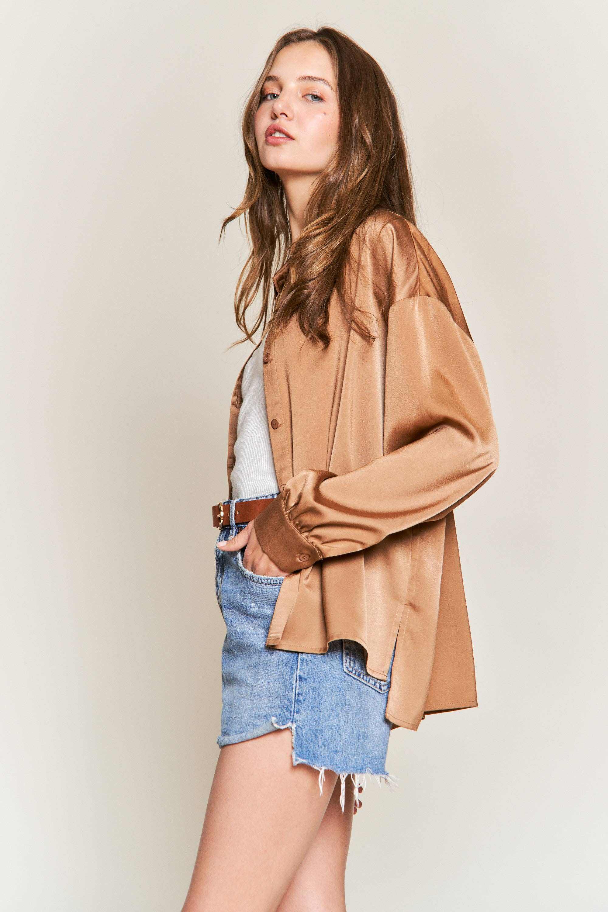 Champagne Satin Blouse Drop Shoulder Relax Fit Timeless Luxury Comfort 