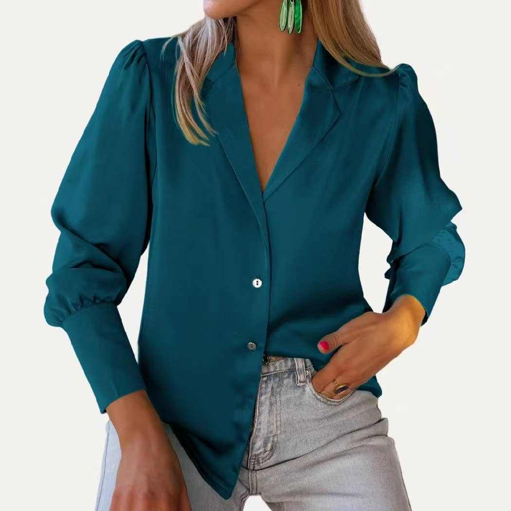Grace Button Up blouse satin fabric button down fall winter Lady Grace Solid Pre-Fall Collared Button Up Long Sleeve Top: HUNTER GREEN / L - Jennifer Kay Design