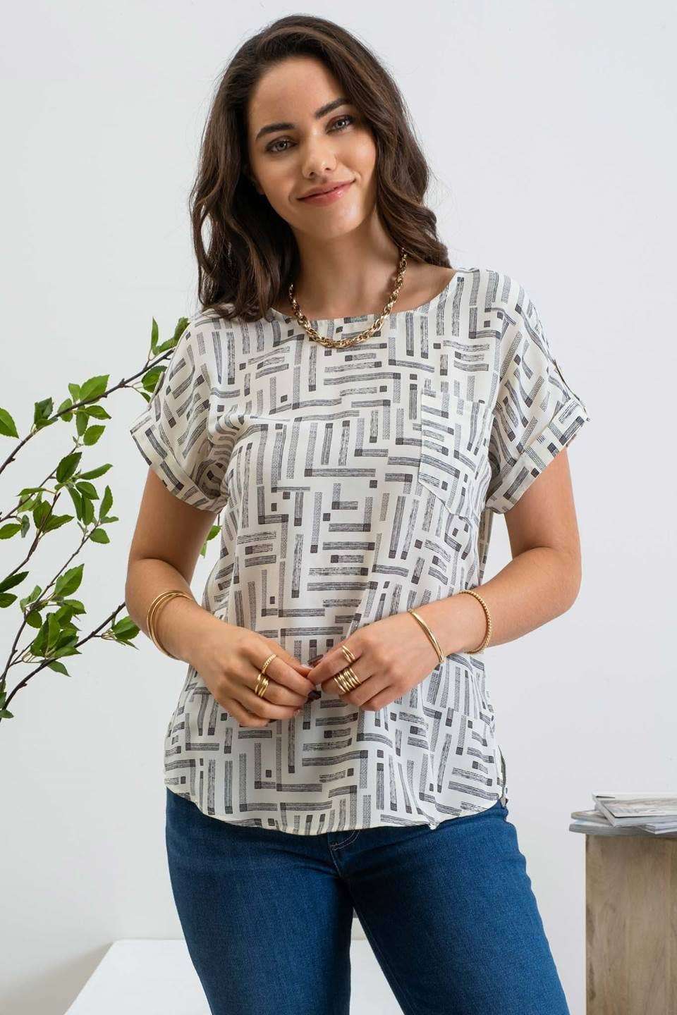 Linear Print Top ivory peach spring summer versatile