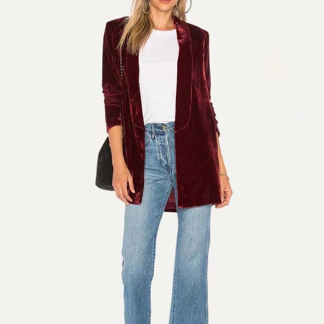 Velvet Blazer in Dark Red Effortlessly blends luxury Trendy Velvet Solid Open Front Lightweight Blazer: Dark Red / 2XL - Jennifer Kay Design