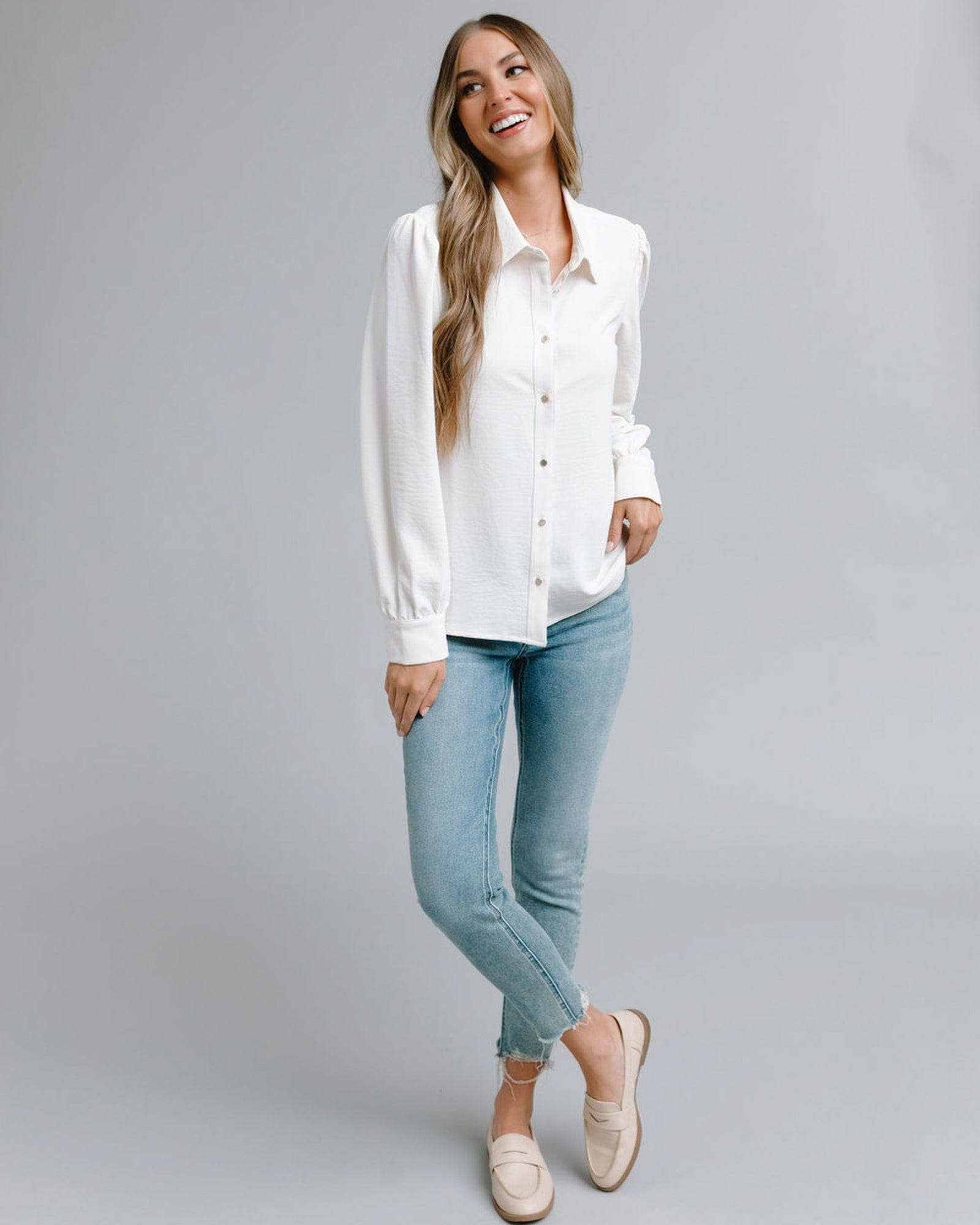 Jovi Blouse White gold buttons long sleeve blouse timeless elegant Jovi Blouse: L / Gardenia - Jennifer Kay Design