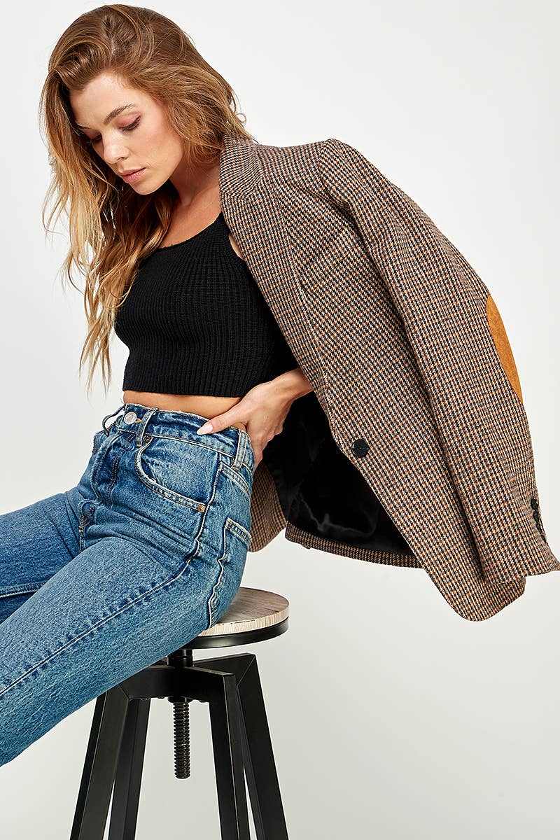 Plaid Patch Blazer timeless versatile classic modern style oversized VIJ2357 - PLAID ELBOW PATCH BLAZER: LARGE / BROWN - Jennifer Kay Design