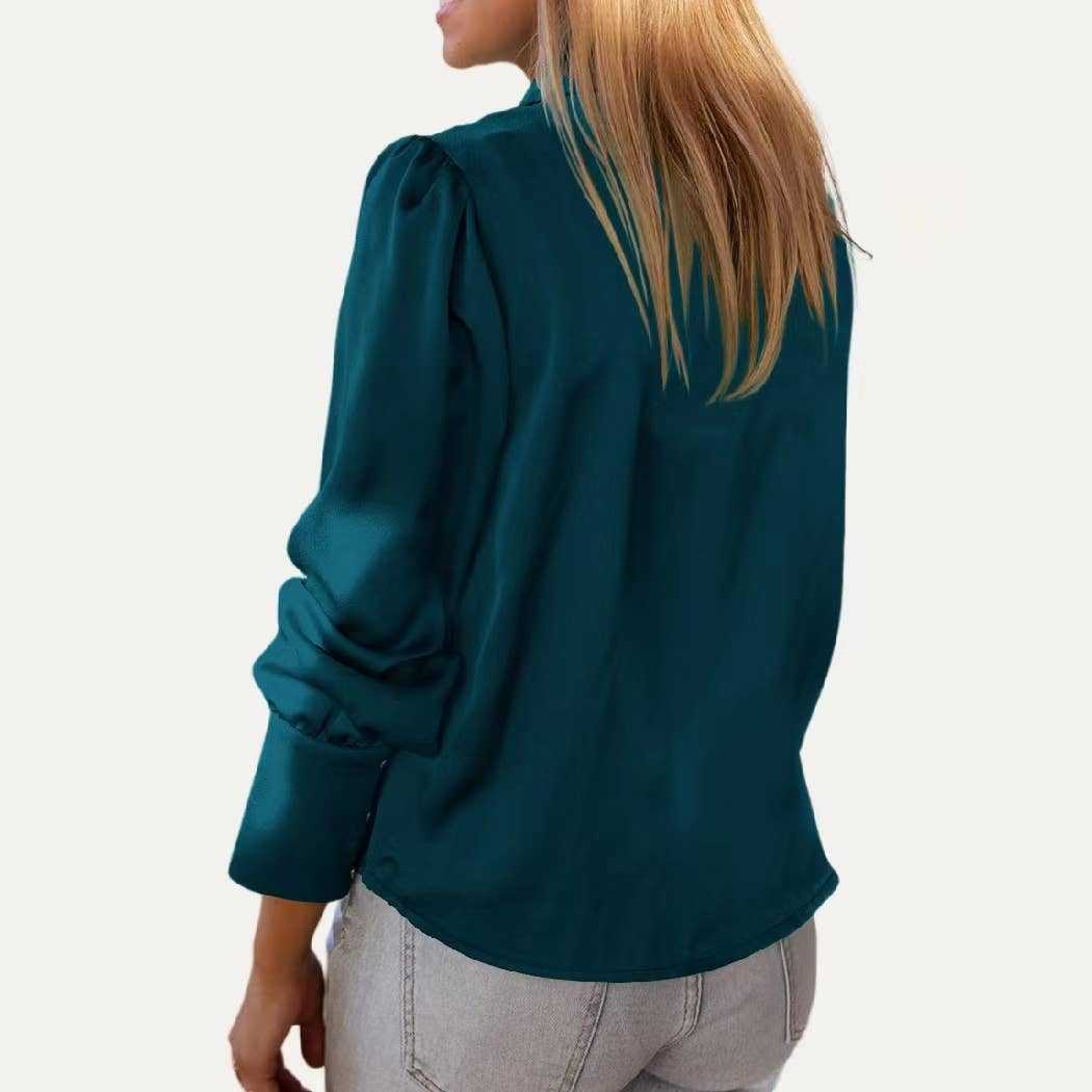 Grace Button Up blouse satin fabric button down fall winter Lady Grace Solid Pre-Fall Collared Button Up Long Sleeve Top: HUNTER GREEN / L - Jennifer Kay Design