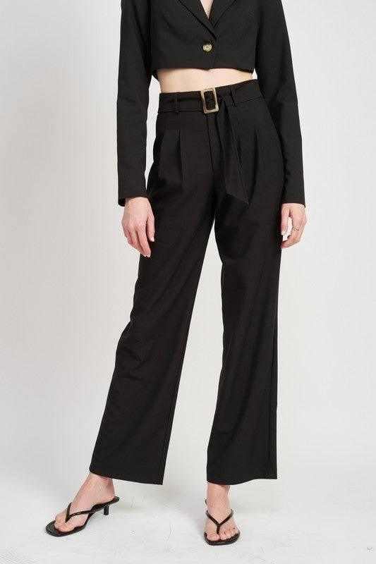 PLEATED SIDE LEG PANTS WITH BELT - Jennifer Kay Design