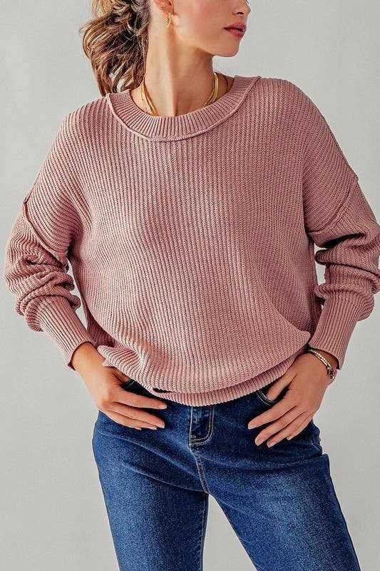 Relaxed Rose Sweater Relaxed Fit Comfort Chic Side Slit RELAXED FIT RIB KNIT SWEATER: ROSE / S-2/M-2/L-2 - Jennifer Kay Design