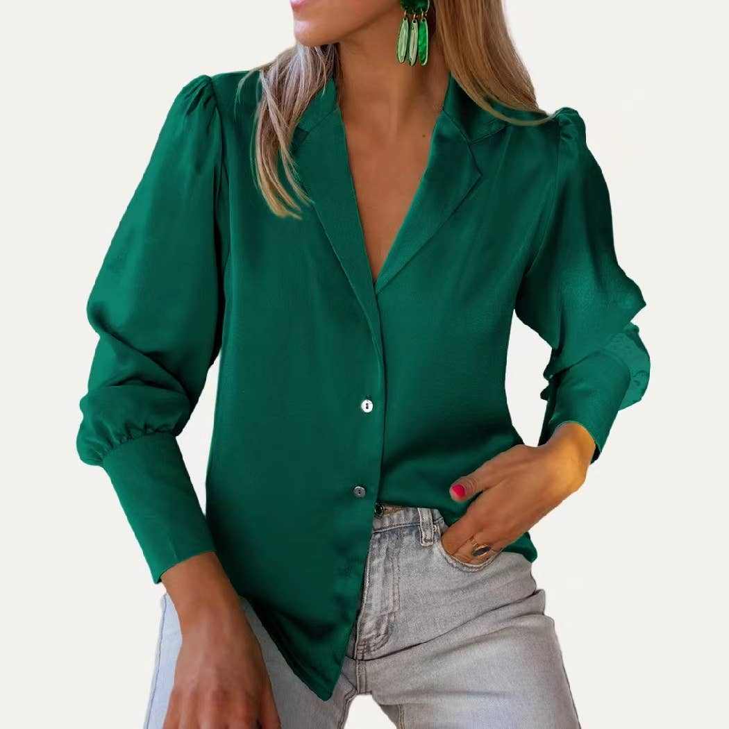 Grace Button Up blouse satin fabric button down fall winter Lady Grace Solid Pre-Fall Collared Button Up Long Sleeve Top: HUNTER GREEN / L - Jennifer Kay Design