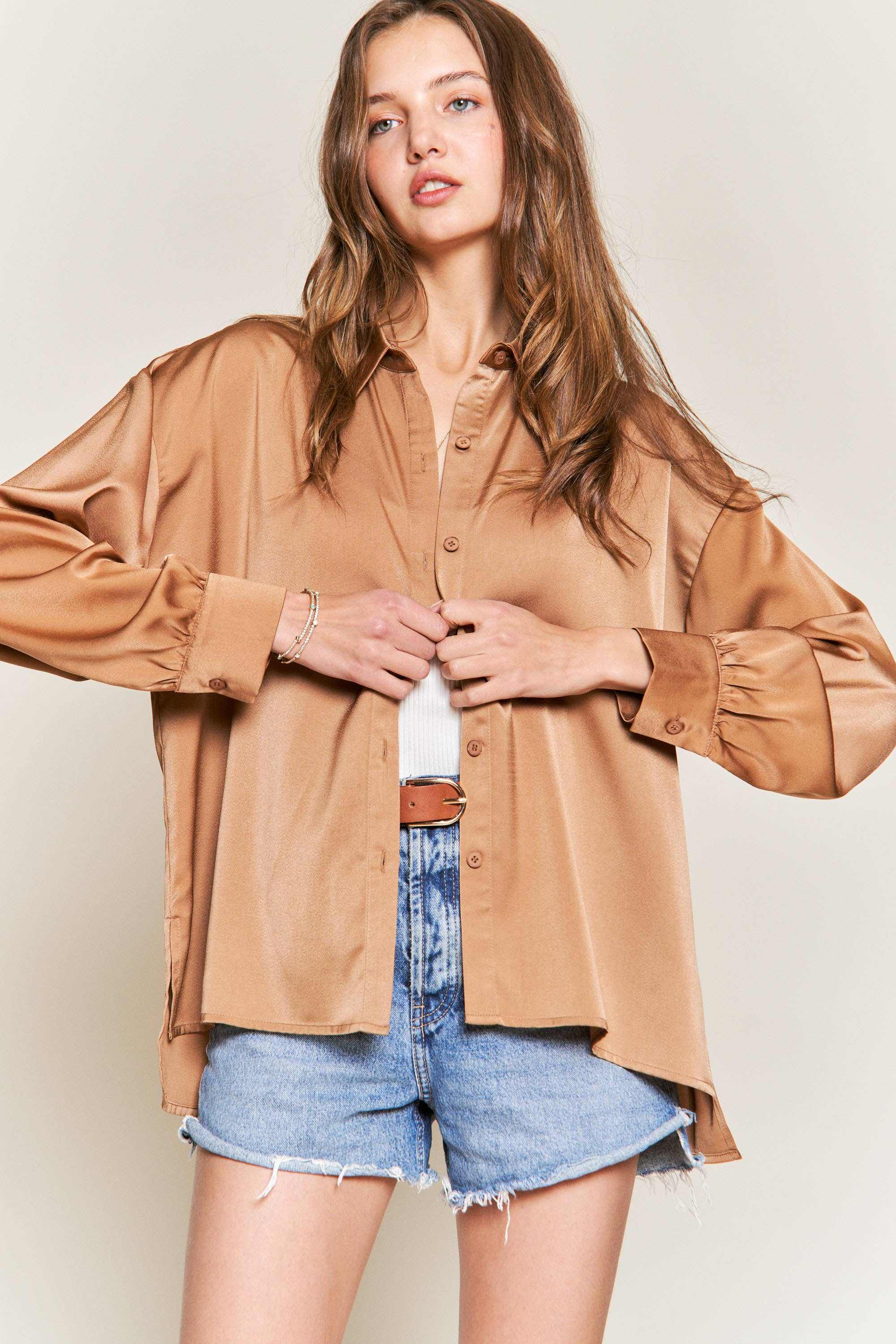 Champagne Satin Blouse Drop Shoulder Relax Fit Timeless Luxury Comfort 