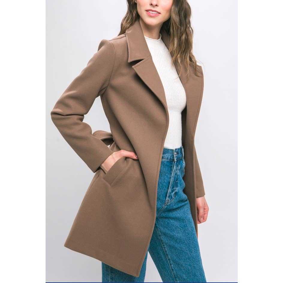 Perfect Trench Coat iconic effortless timeless elegance contemporary Lapel Collared Trench Coat with Waist Tie: L / COCOA - Jennifer Kay Design